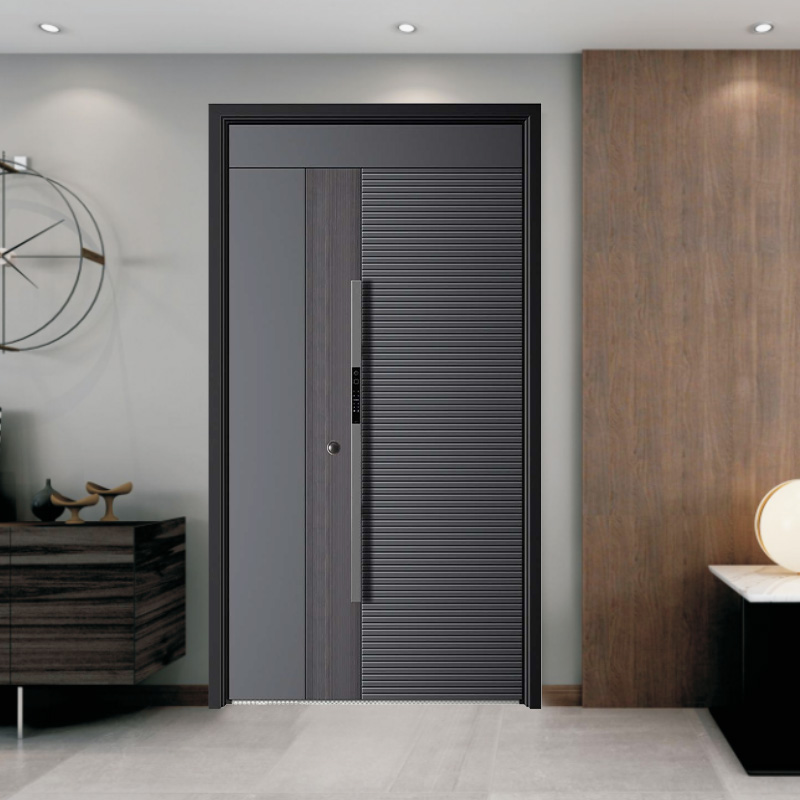 Porte d'entrée extérieure en acier avec insert en verre et métal de conception grise Porte d'entrée extérieure en acier avec insert en verre et métal de conception grise