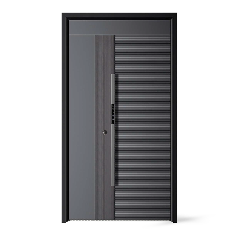 Porte d'entrée extérieure en acier avec insert en verre et métal de conception grise Porte d'entrée extérieure en acier avec insert en verre et métal de conception grise